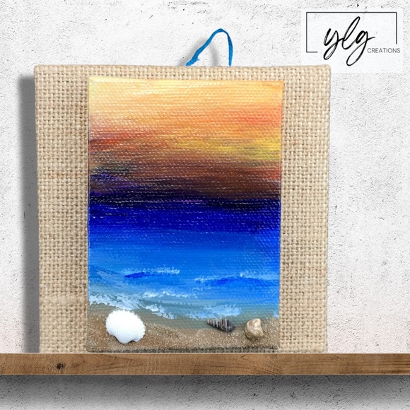 Original Mini Painting Sunset Beach Seashore Mixed Media Acrylic Ocean Sand - Picture 1 of 4